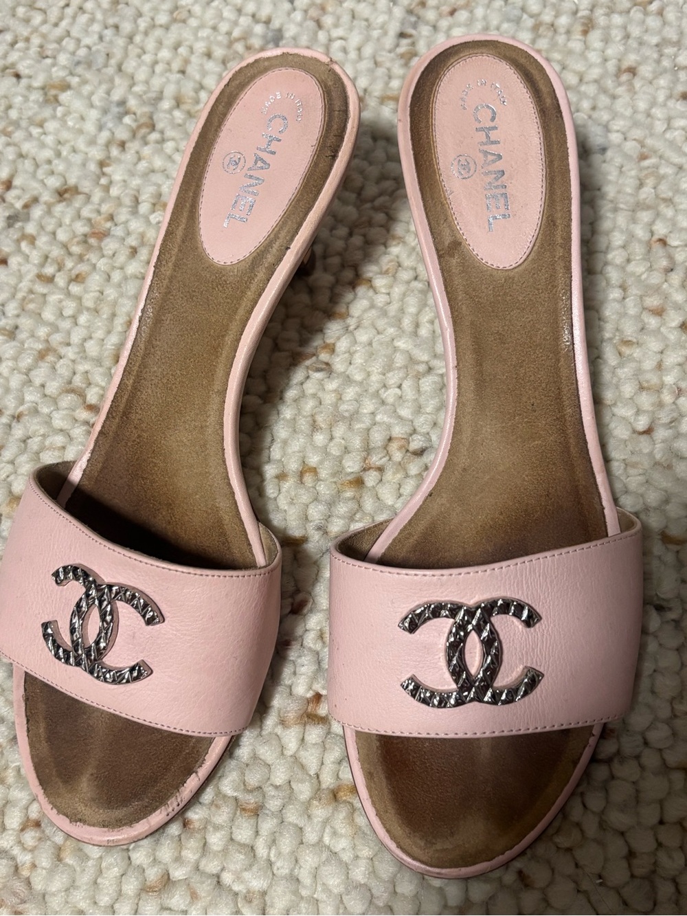 CHANEL Pink Leather CC Slide Mules